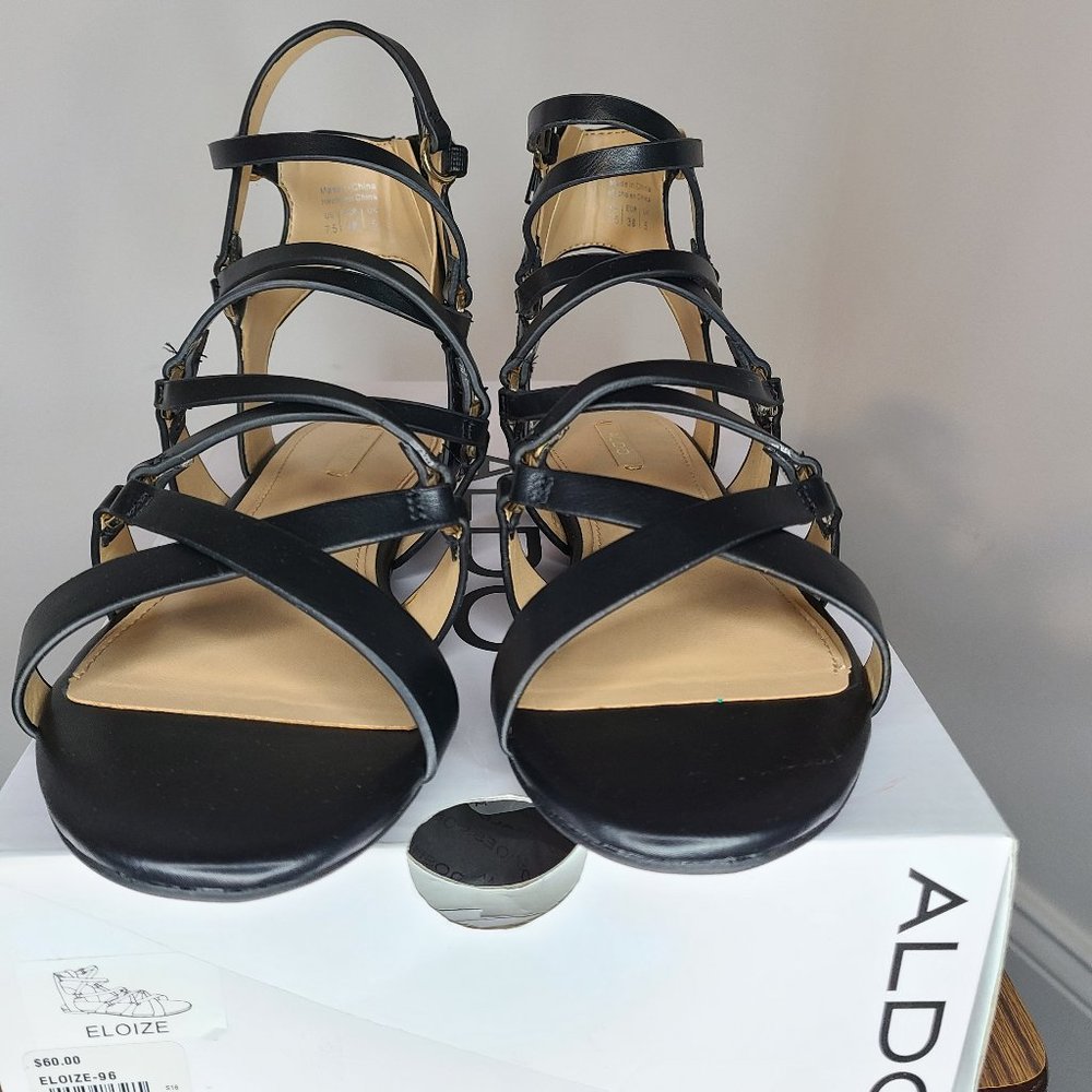 Brand New Womens Aldo Eloize Black Flat Strap Sandal Sz 7.5M